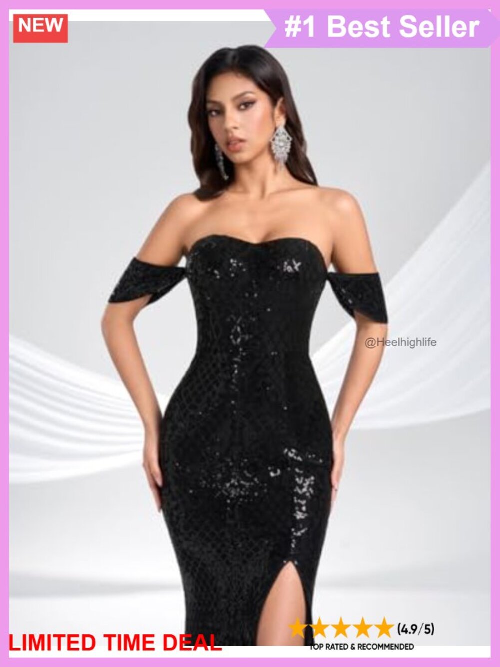Off the Shoulder Sequin Maxi Prom Dress Side Slit Backless Mermaid Formal - Picture 5 of 6